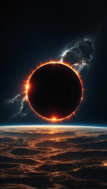 Illustrazione di un'eclissi solare con nuvole nere e un buco nero 4