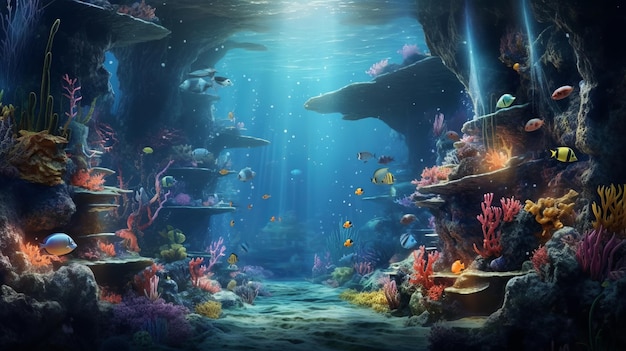 Illustrazione di un ecosistema sottomarino con pesci vibranti e coralli colorati