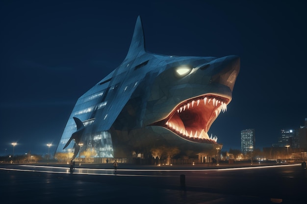 Illustrazione di un edificio illuminato in forma di squalo di notte