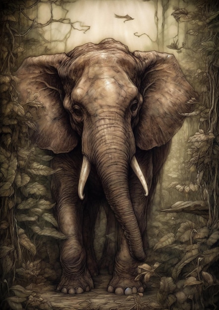 Illustrazione di un elefante in uno scenario immaginario per la cornice Arte concettuale degli animali selvatici