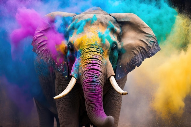 Illustrazione di un elefante su uno sfondo colorato Concetto di festival Holi Generazione AI