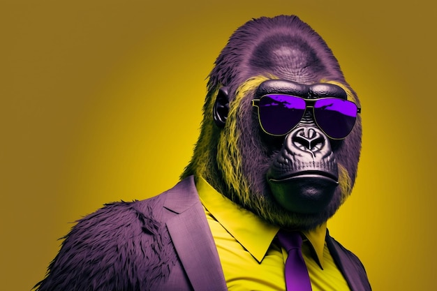 Illustrazione di un elegante gorilla che indossa occhiali da sole e una cravatta viola creata con la tecnologia Generative AI