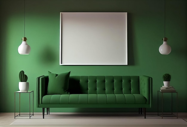 Illustrazione di un elegante soggiorno moderno verde e bianco con un comodo divano e una cornice vuota sulla parete AI