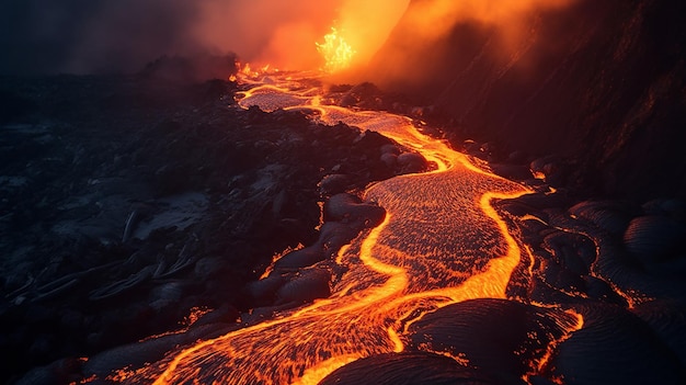 Illustrazione di un'eruzione vulcanica con la lava che scorre lungo i pendii