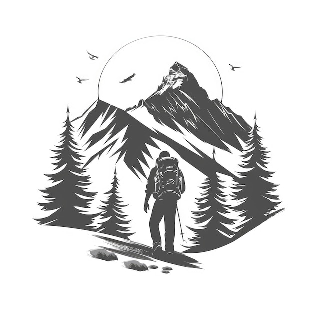 Illustrazione di un escursionista che ammira il tramonto in un terreno montuoso