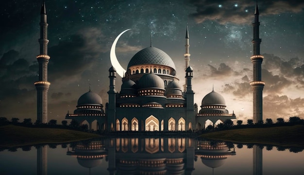 Illustrazione di un fantastico design architettonico della moschea musulmana Ramadan Kareem Architettura islamica sfondo Ramadan Kareem Moschea islamica Ramdan Ramzan Eid cultura araba Genera Ai