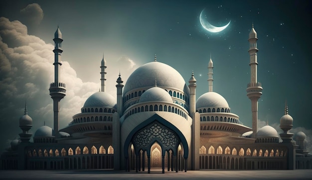 Illustrazione di un fantastico design architettonico della moschea musulmana Ramadan Kareem Architettura islamica sfondo Ramadan Kareem Moschea islamica Ramdan Ramzan Eid cultura araba Genera Ai