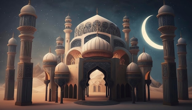 Illustrazione di un fantastico design architettonico della moschea musulmana Ramadan Kareem Architettura islamica sfondo Ramadan Kareem Moschea islamica Ramdan Ramzan Eid cultura araba Genera Ai