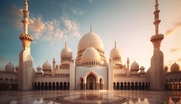 Illustrazione di un fantastico design architettonico della moschea musulmana Ramadan Kareem Architettura islamica sfondo Ramadan Kareem Moschea islamica Ramdan Ramzan Eid cultura araba Genera Ai