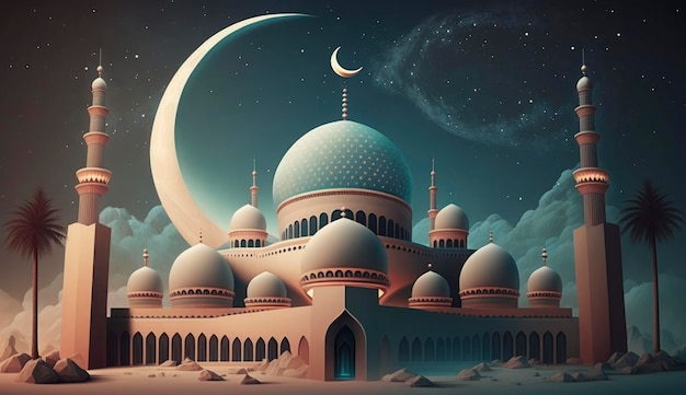 Illustrazione di un fantastico design architettonico della moschea musulmana Ramadan Kareem Architettura islamica sfondo Ramadan Kareem Moschea islamica Ramdan Ramzan Eid cultura araba Genera Ai