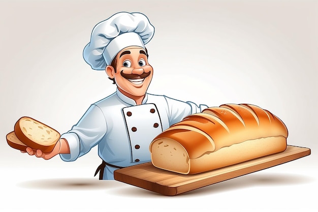 Illustrazione di un felice fornaio di cartoni animati su un bottone con un rotolino per il cappello degli chef e un pane