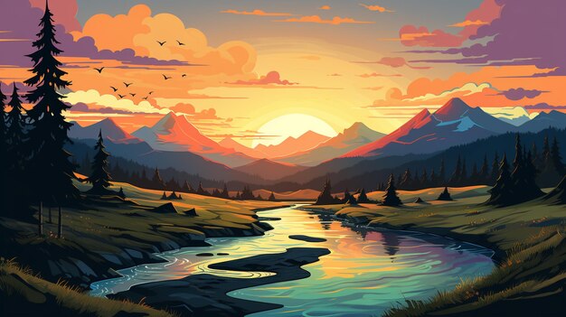 illustrazione di un fiume di montagna con un tramonto sullo sfondo generativo ai