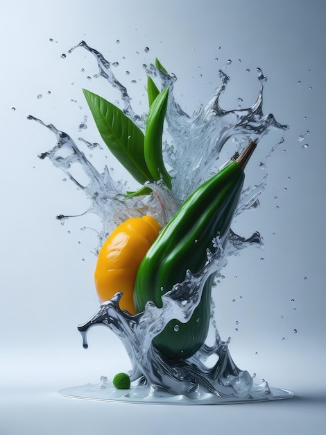 Illustrazione di un frutto che cade in uno specchio d'acqua creando increspature e schizzi creati con la tecnologia Generative AI