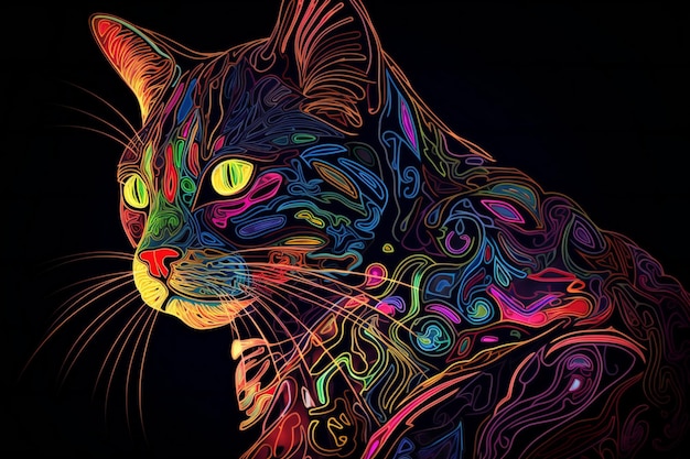 Illustrazione di un gatto con motivo colorato astratto su sfondo nero