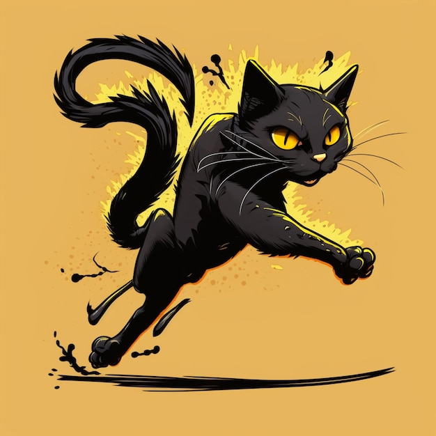 illustrazione di un gatto nero che corre con gli occhi gialli generativo ai