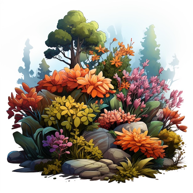 illustrazione di un giardino di fiori colorati con rocce e alberi generativi ai