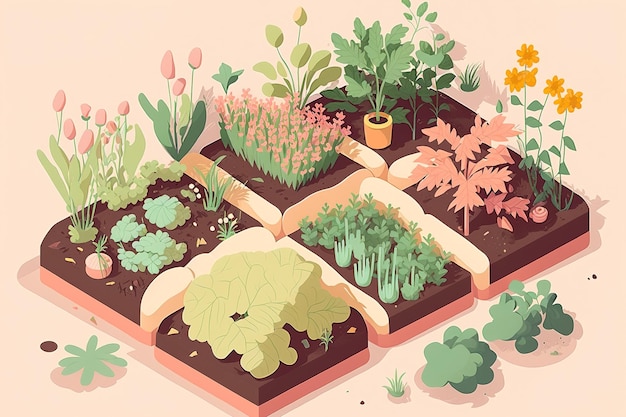 Illustrazione di un giardino primaverile e letti di erbe e ortaggi Generativo ai