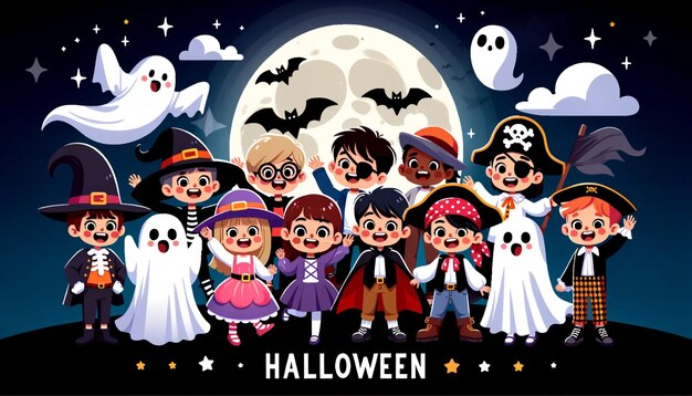 illustrazione di un gruppo di bambini che festeggiano Halloween e indossano costumi di fantasma