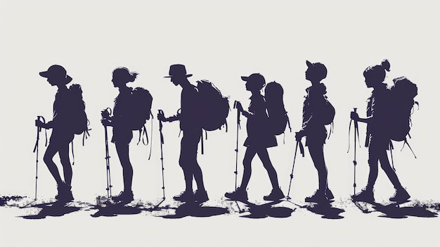 illustrazione di un gruppo di persone con bastoni da trekking e zaino IA generativa