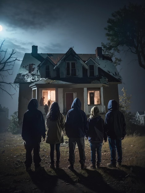 Illustrazione di un gruppo di persone in piedi davanti a una misteriosa e inquietante casa abbandonata
