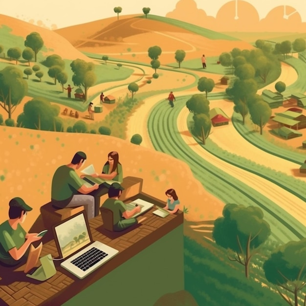 Illustrazione di un gruppo di persone sedute su un tetto con laptop generativi ai