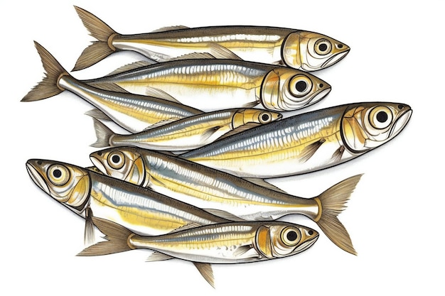 Illustrazione di un gruppo di sardine su sfondo bianco