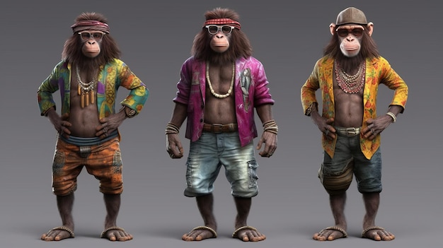 Illustrazione di un gruppo di scimmie alla moda che indossano occhiali da sole con abiti colorati alla moda