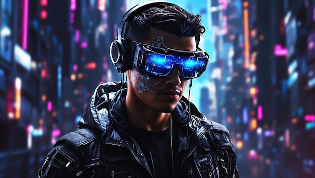 Illustrazione di un hacker cyberpunk in una realtà virtuale