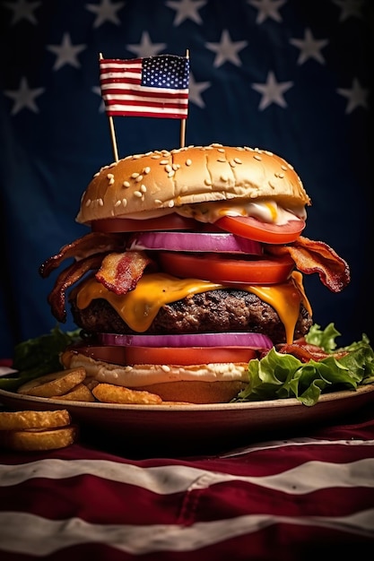 Illustrazione di un hamburger con la bandiera americana su uno sfondo di legno AI generativa