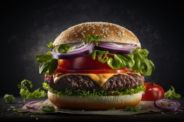 Illustrazione di un hamburger di manzo con lattuga pomodoro e cipolla su sfondo scuro AI Generation