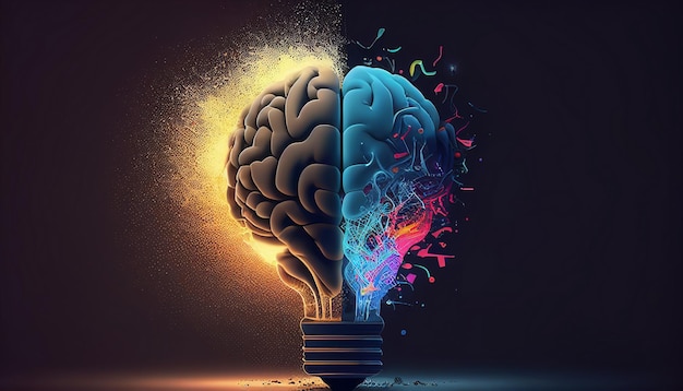 Illustrazione di un'idea creativa con un cervello e una lampadina che utilizza la tecnologia di intelligenza artificiale generativa IA generativa