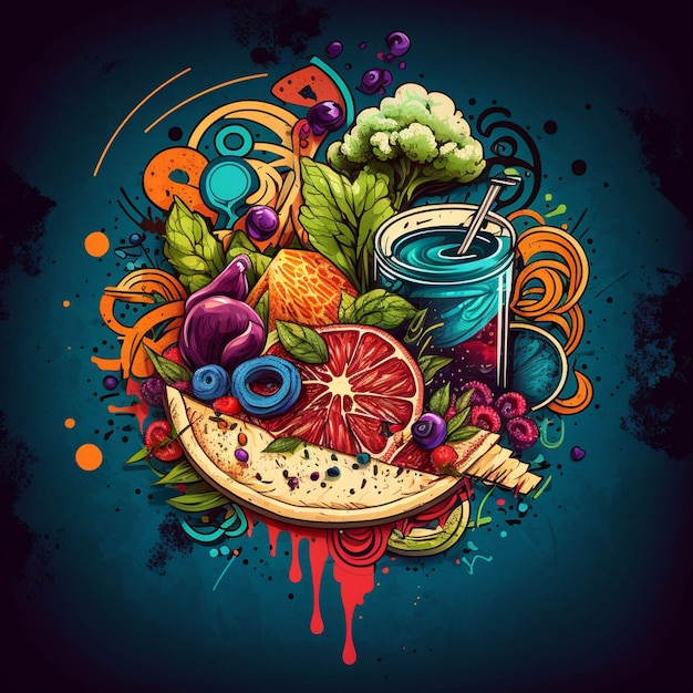 Illustrazione di un'illustrazione di frutta e verdura con una spruzzata di vernice generativa ai