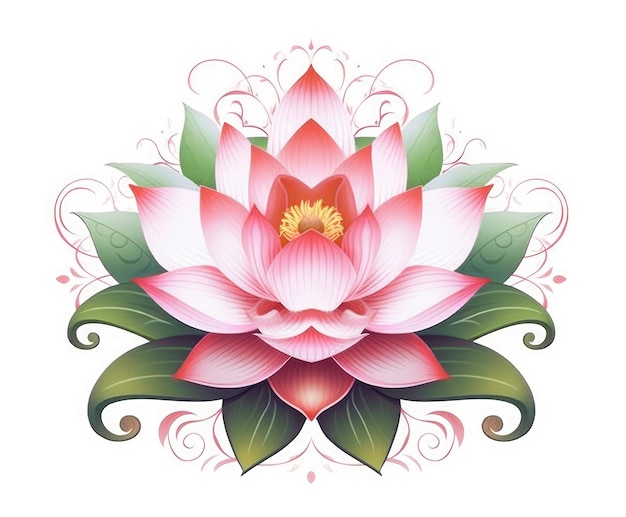 Illustrazione di un'immagine di un fiore di loto in rosa e verde ispirata a paesaggi sereni e pacifici e alla meditazione IA generativa