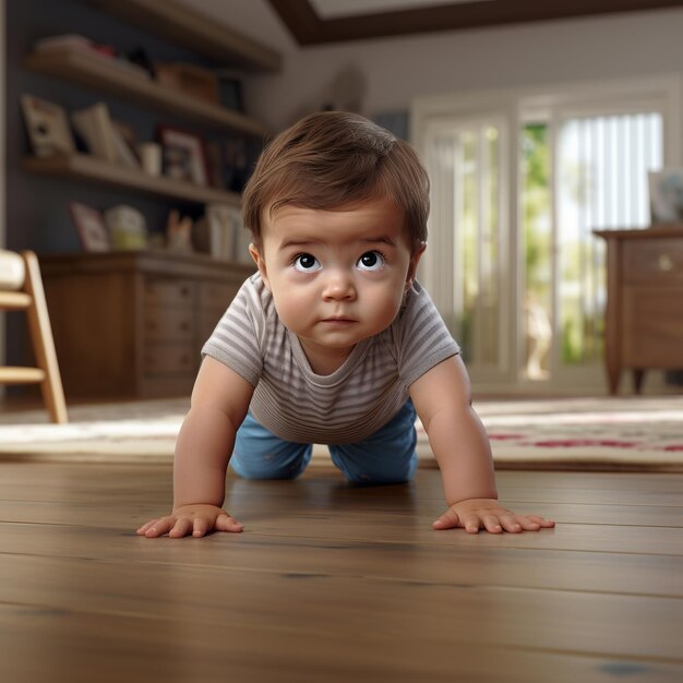 illustrazione di un'immagine ultra realistica in 4K di un bambino che striscia sul pavimento