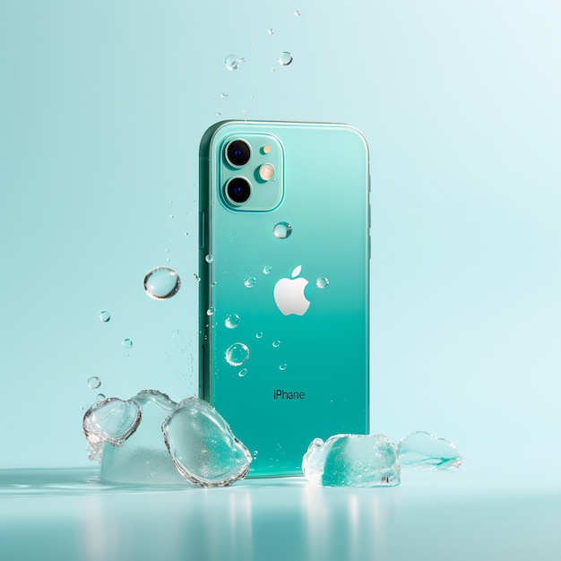 illustrazione di un iphone 11 color aqua, generative ai