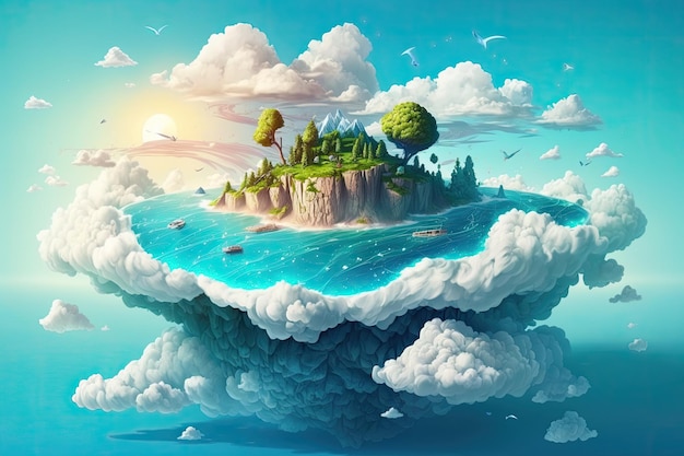 Illustrazione di un'isola fantastica tra le nuvole