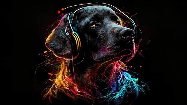 Illustrazione di un labrador nero con la testa di cane in cuffie Musica di dog leastening AI generativa