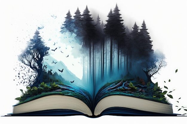 Illustrazione di un libro aperto con una foresta mistica con sfondo bianco nebbia blu IA generativa