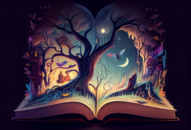 Illustrazione di un libro magico che contiene storie fantastiche Genera Ai