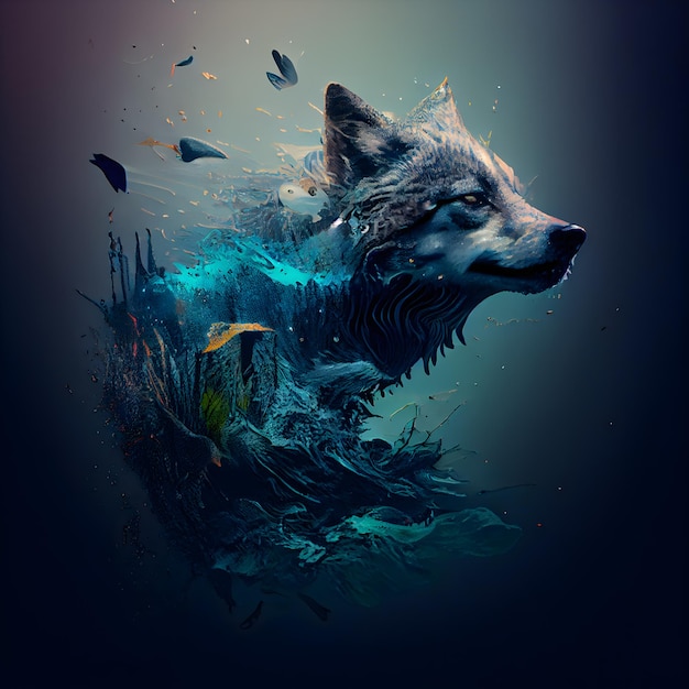 Illustrazione di un lupo che nuota in acqua con un pesce