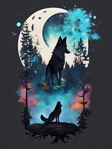 Illustrazione di un lupo nella foresta sullo sfondo della luna