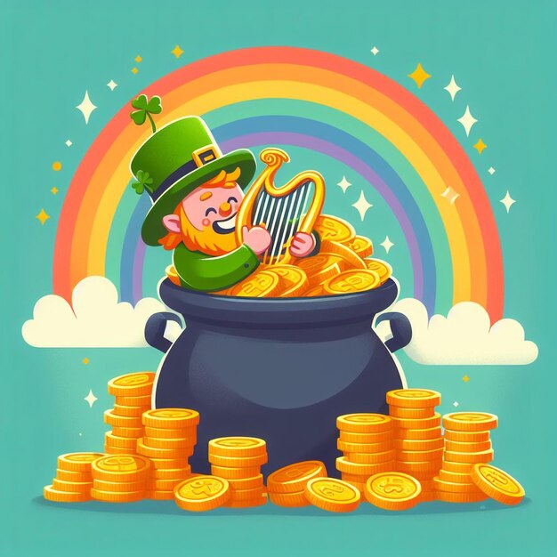 Illustrazione di un malvagio leprechaun che sbircia da dietro una gigantesca pentola piena di monete d'oro