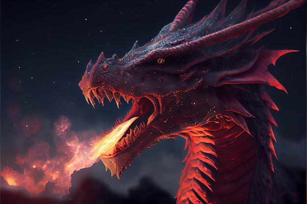 Illustrazione di un misterioso drago di fuoco su sfondo nero AI