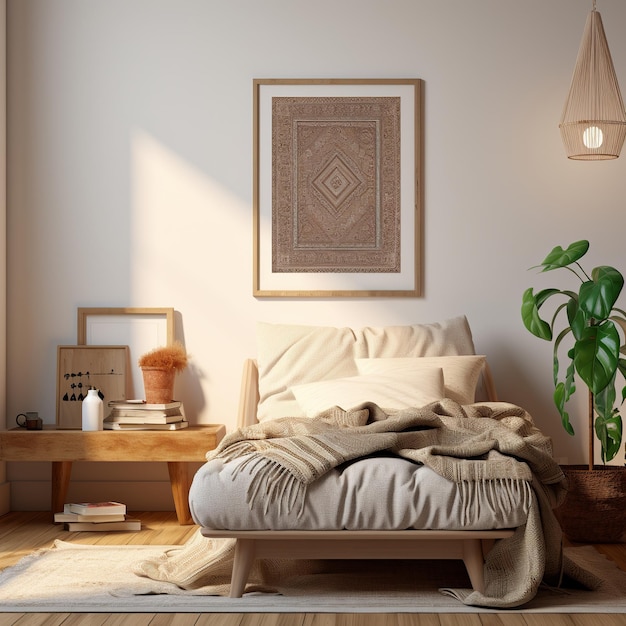 illustrazione di un mockup di cornice vuota 36x24 in una camera da letto boho