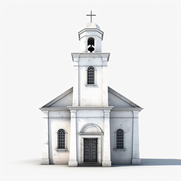 Illustrazione di un modello 3D di una vecchia chiesa bianca con dettagli dipinti a mano su sfondo bianco IA generativa