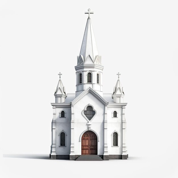 Illustrazione di un modello 3D di una vecchia chiesa bianca con dettagli dipinti a mano su sfondo bianco IA generativa