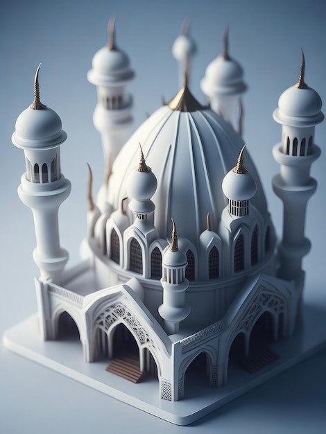 Illustrazione di un modello architettonico dorato di una moschea in miniatura visualizzato su un tavolo creato con la tecnologia Generative AI