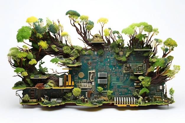 Illustrazione di un modello di una casa fatta di alberi verdi