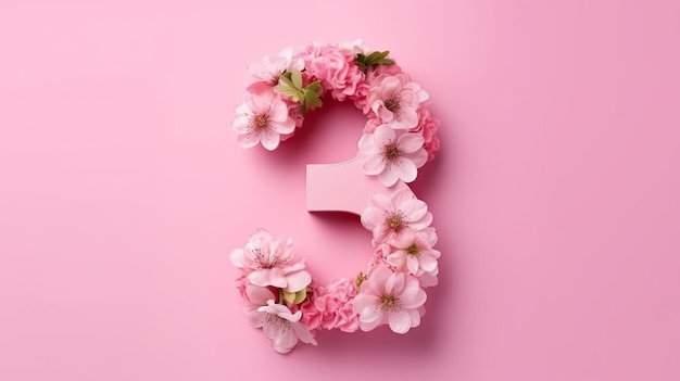 Illustrazione di un numero creativo 3 tre con fiori primaverili su uno sfondo rosa