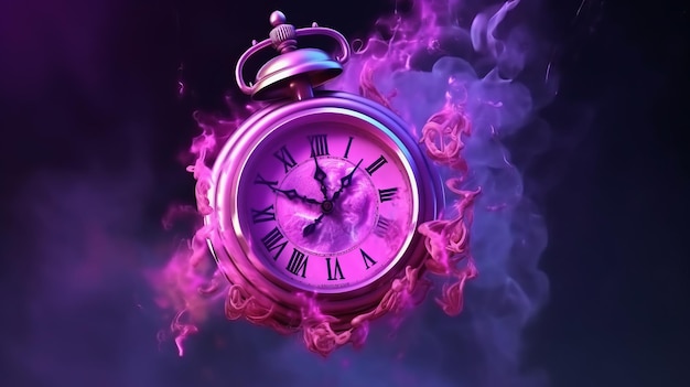 Illustrazione di un orologio che esplode con fumo viola su sfondo scuro